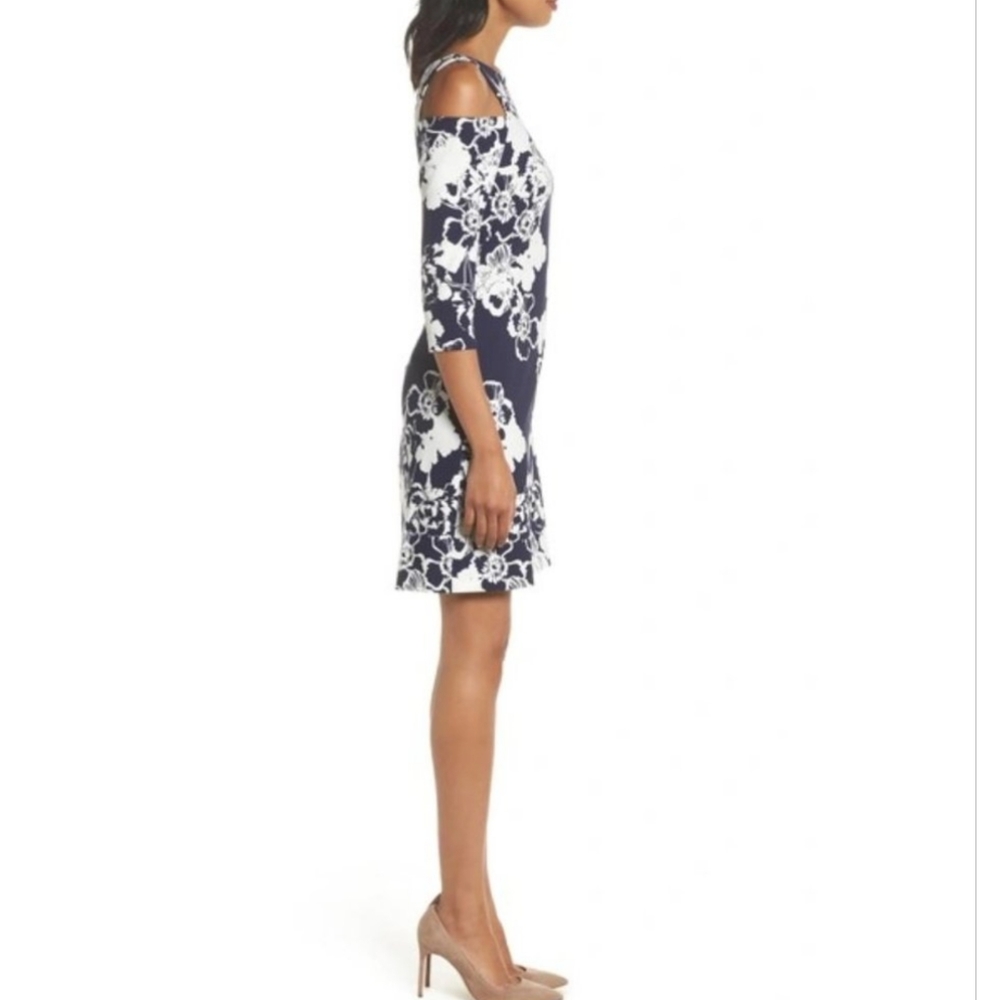 Eliza J Navy Blue and White Cold Shoulder Floral Pansy Print Dress Size 6 - Picture 3 of 12